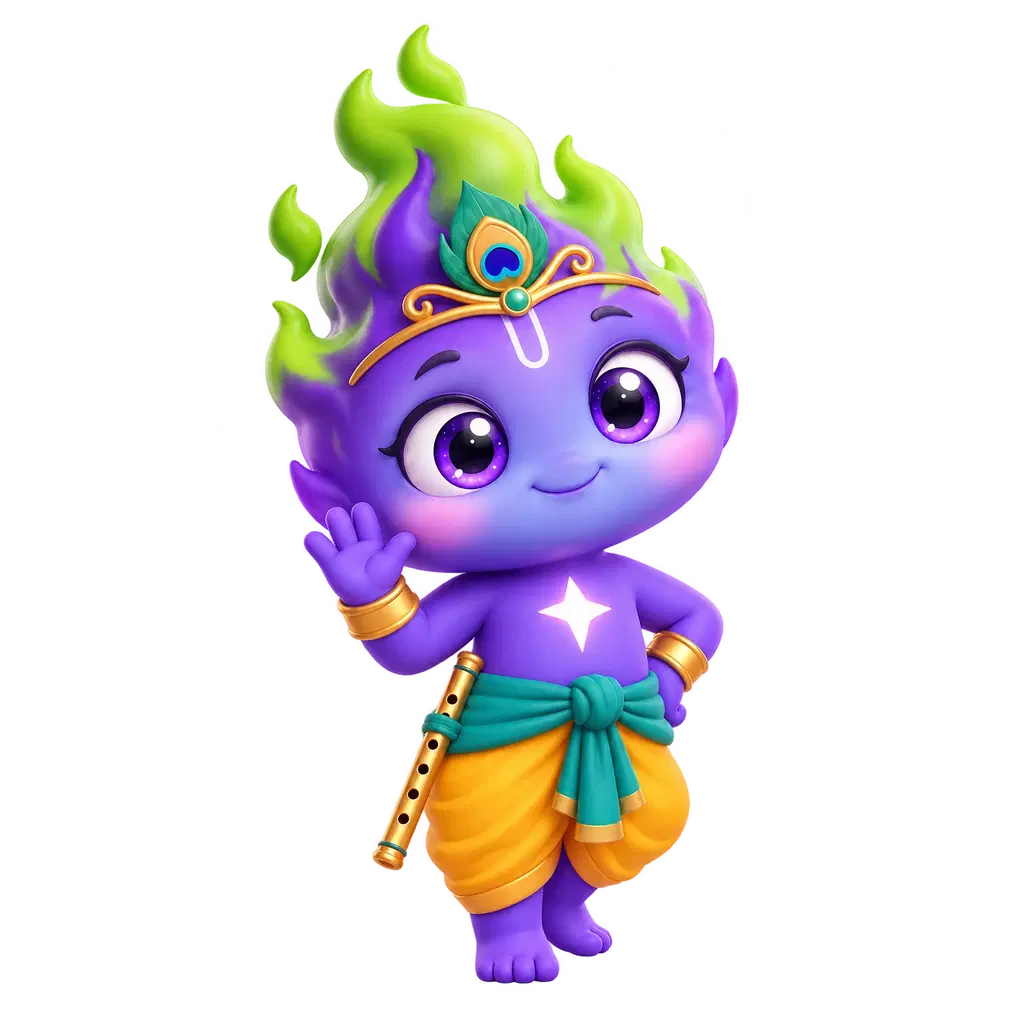 Piko waves hello with his golden flute at his waist, wearing a peacock-feather crown, yellow dhoti, and teal sash